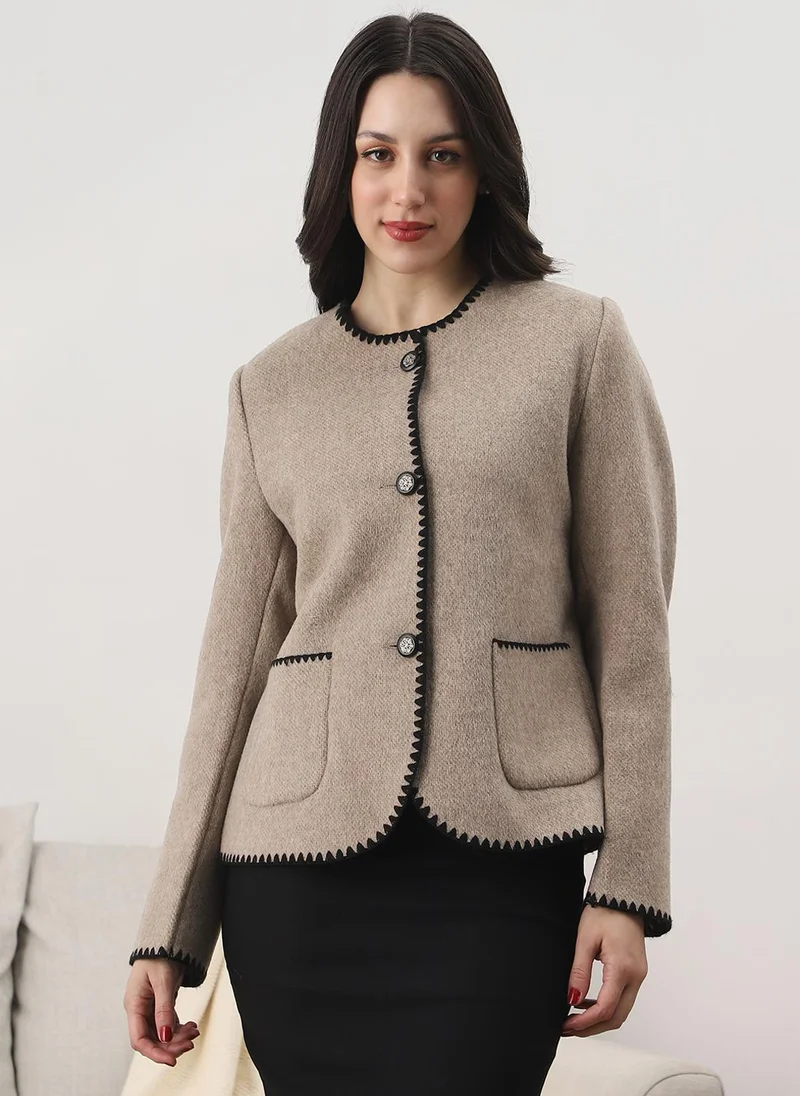 جلو باص Globus Women Brown Round Neck Long Sleeves Embroidered Detail Self Design 2 Pockets Winterwear Overcoat